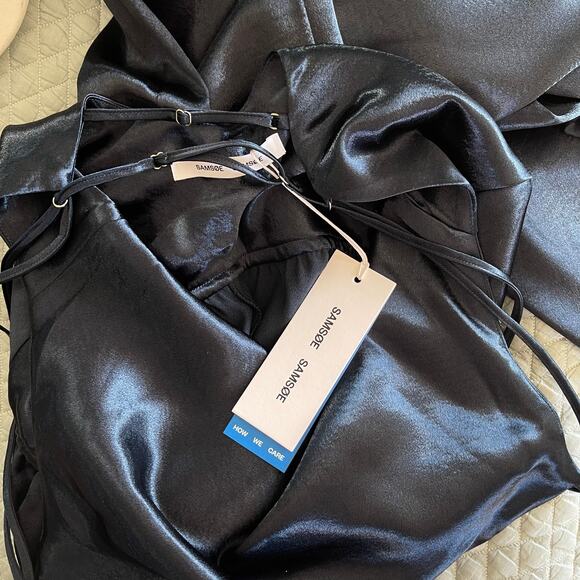 NWT Samsoe & Samsoe Fredericka Jumpsuit Navy Blue Satin Size Medium Cowl Neck - Picture 16 of 16